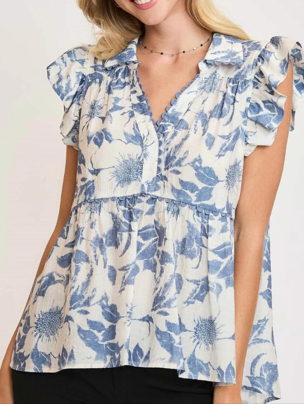 Umgee Blue & White Floral Babydoll Top Ruffle Sleeves Scallop Trim Sz Large
